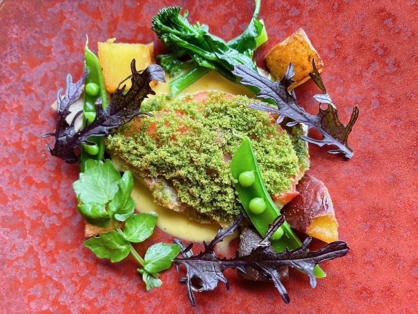 今月のお魚料理：旬魚のハーブパン粉ロースト　サフランクリームソース